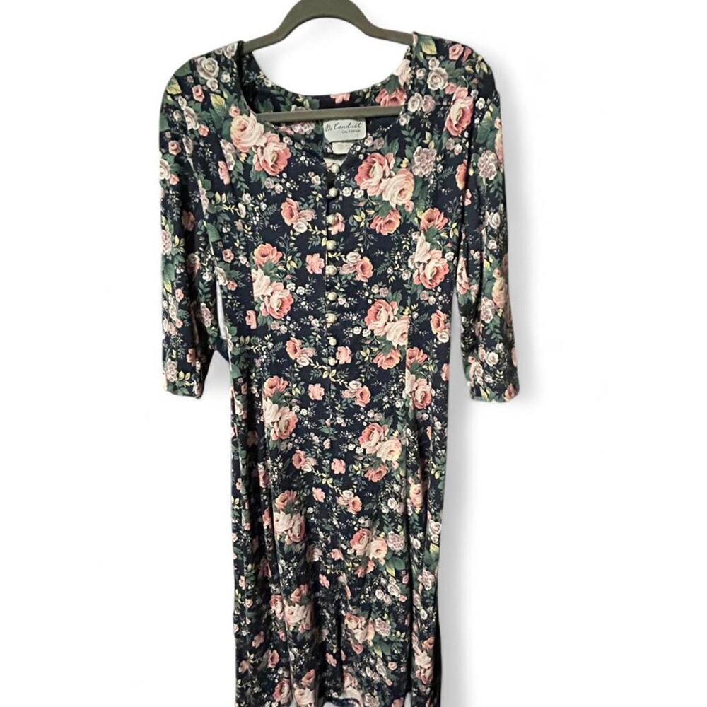 Vintage 90s midi black dress with pink rose floral, faux pearl, corset tie back